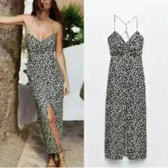 ZARA Black White Daisy Micro Floral Flower Print Linen Blend Midi Dress Sz L - Picture 2 of 15